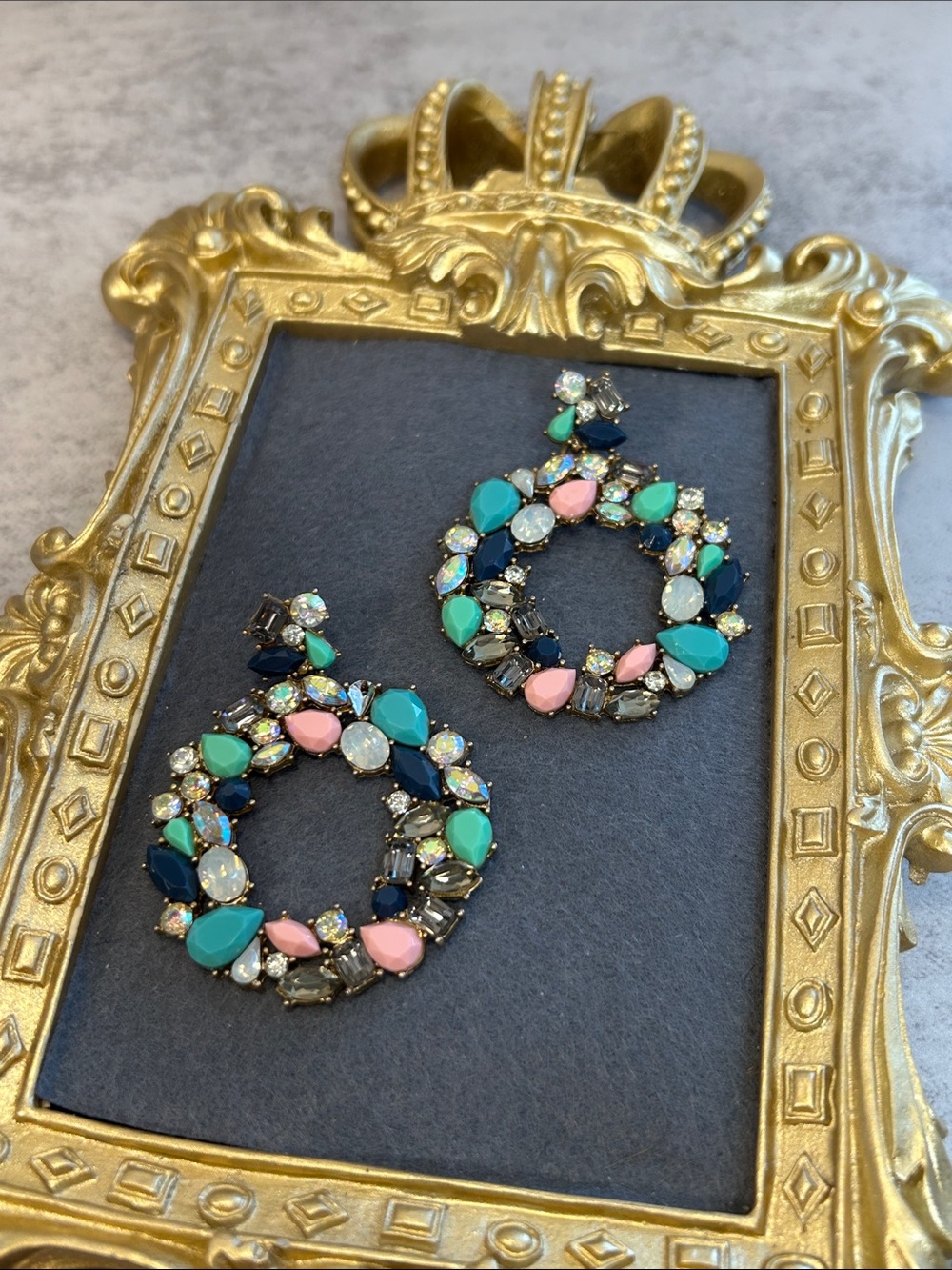 J. Crew Multicolor Teardrop Crystal Hoop Earrings Missing a crystal